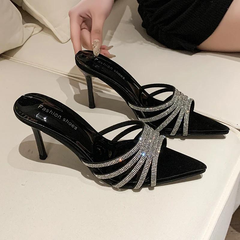 Sexy High Heels Slipper Women Summer Fashion CRYSTAL Narrow Band Pointed Toe Slides Stripper Party Sandal Mule Shoes