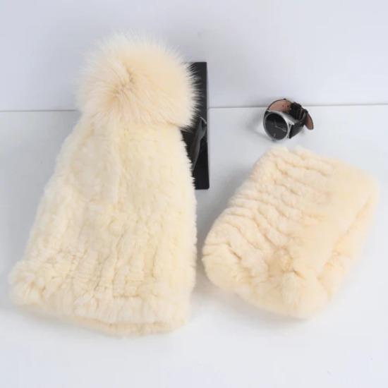 New Fashion Knitted Good Elastic Real Fur Scarf Hat Sets Women Winter Warm Natural Rex Rabbit Fur Scarves Hats Sets