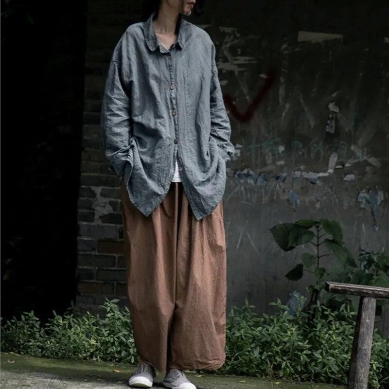 Johnature Dámské vintage rovné kalhoty kávové knoflíková léga jarní kalhoty volné ležérní měkké dámské dlouhé kalhoty