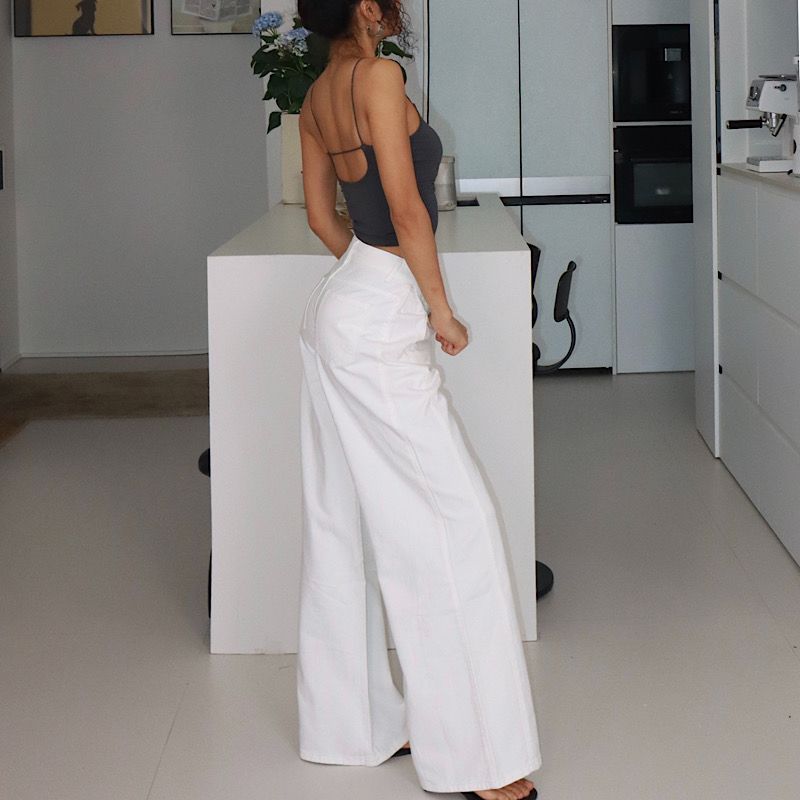 

Akiyo Studio European and American High Waist Dark Blue Wide Leg Mopping Jeans Women Loose Slimming Trousers White M