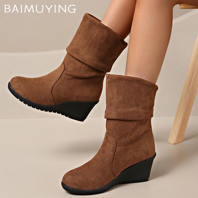 Bottines à cheville en daim pour femmes, compensées, talons moyens, chaussures de créateur rétro, nouvelle marque, tendance, hiver, escarpins classiques, gladiateur, bottes pour femmes