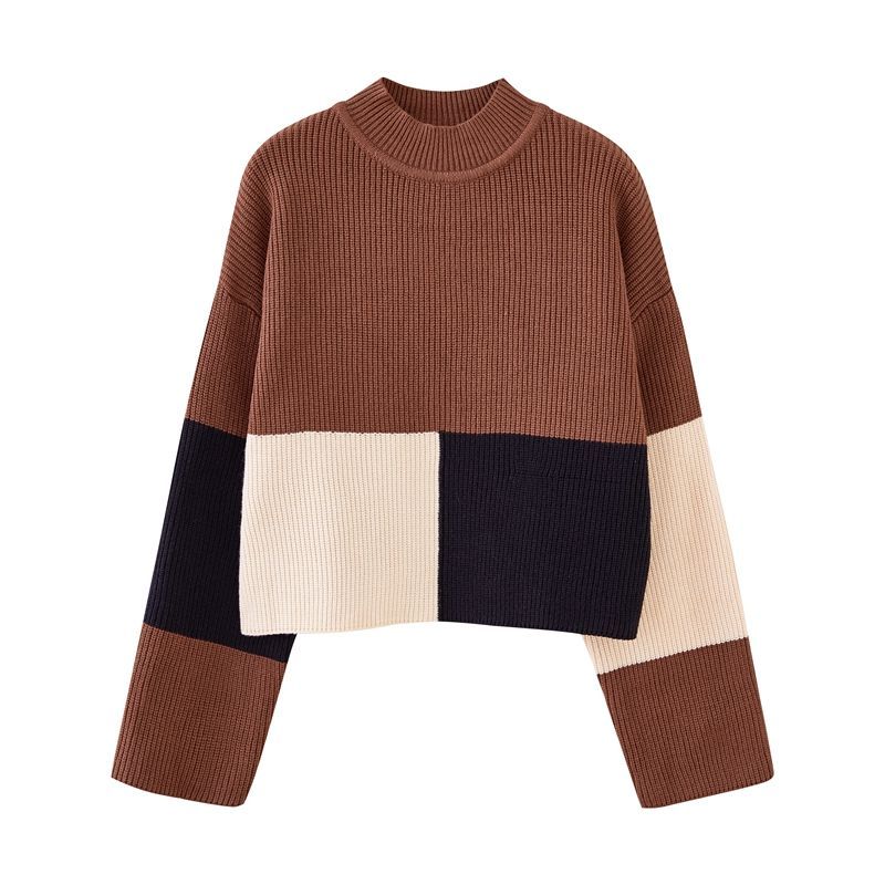 Vintage Women's Color-block Sweater Autumn Winter Loose Crew Neck Pullover Knitwear Short Stretch Knit Top Cropped Jumper