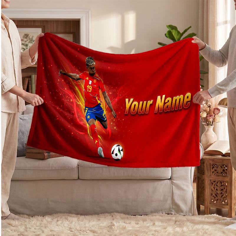 Coperta in pile personalizzata Lamine Yamal con logo del calcio, testo con nome personalizzato, morbida, calda, coperta da divano per la casa