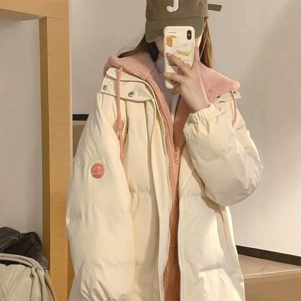 Fake two pieces of fluffy pink cotton clothes women's short hooded women's winter thickened cotton clothes lamb wool splicing jacket