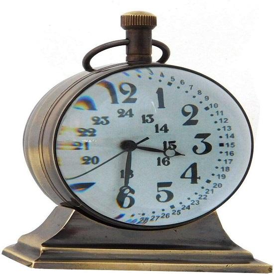 Brass Vintage Nautical Desk and Shelf Clock with Magnetic Compass, Numeric White Dial, Antique Finish for Study Table, Office