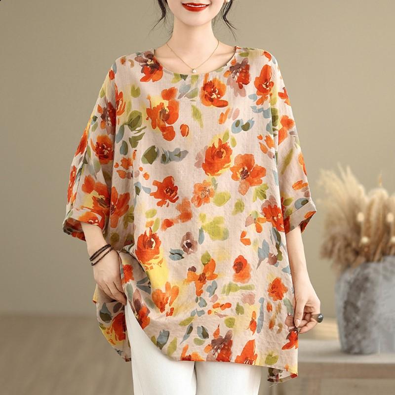 

Футболка свободного кроя с винтажным цветочным принтом, женская летняя футболка