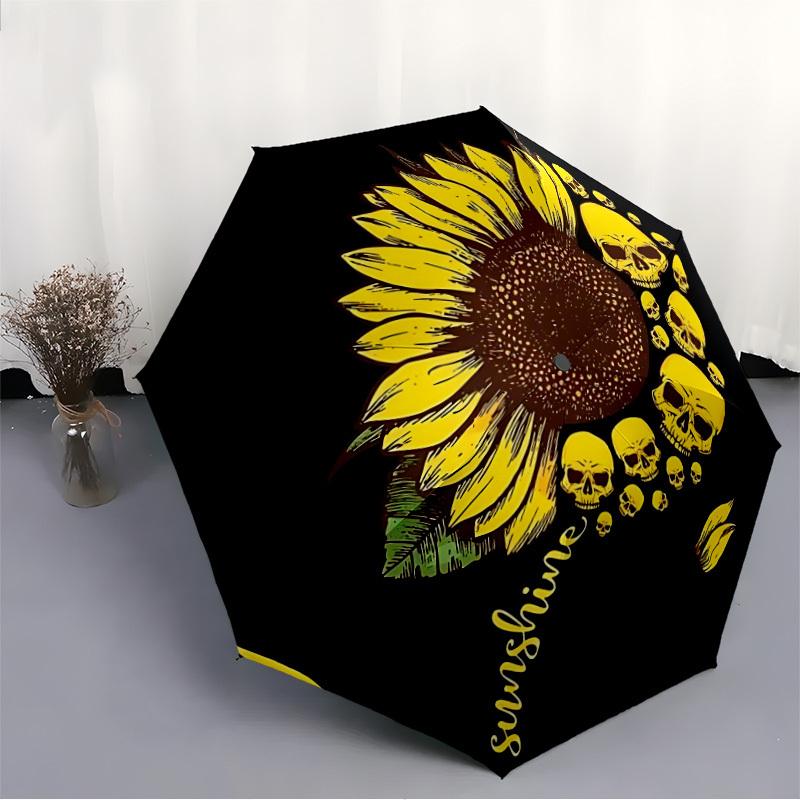 1pc Sunflower Skulls Automatic Open/Close Umbrella, Windproof, Folding Compact Umbrella with Lightweight Design for Women/Men072