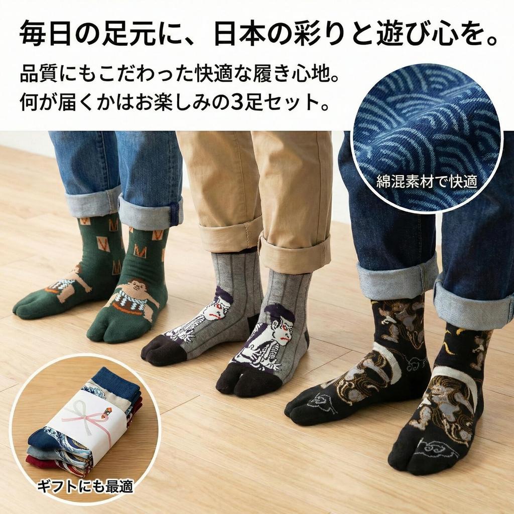 Japanese Pattern Socks for Random Japanese Style Japanese Mount Shiba Sumo Fun Gift Sushi Pattern [Y's factory] Men, 3-Pair Set, 25-27cm Socks,