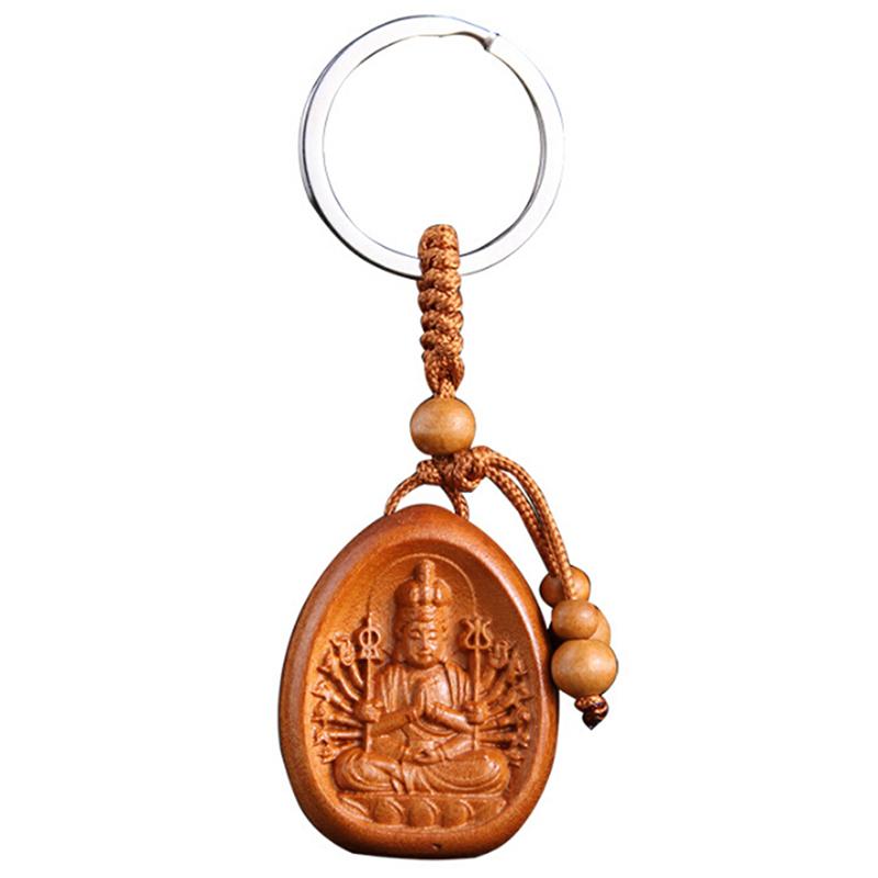 Lucky Jewelry Wood Carving Buckle Buddha Pendant Keychain Car Bag Keyring