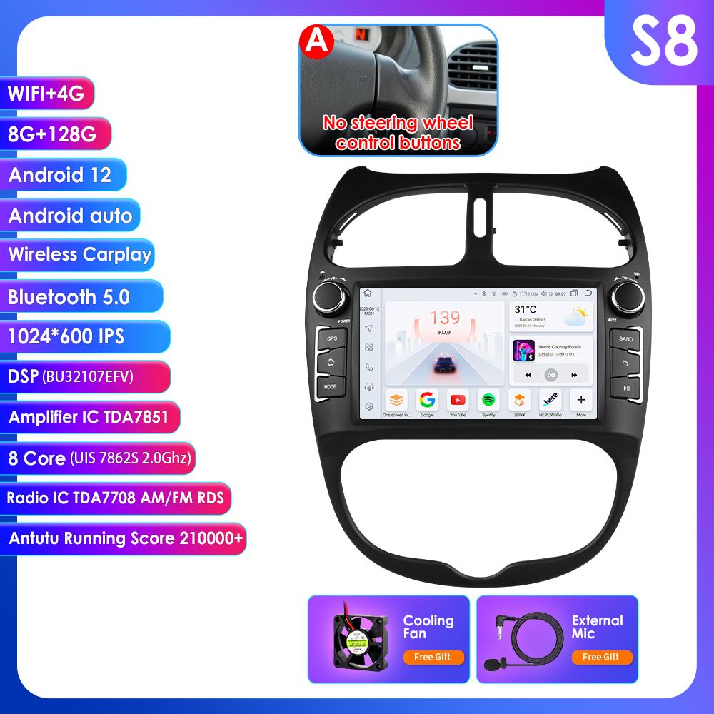 

OSSURET Интеллектуальный 7862 Android Автомагнитола для Peugeot 206 206CC 206SW 2000 -2008 Автомобильная стереосистема Мультимедиа Аудио Беспроводной Carplay 7-дюймовый головной блок A S8 8Core 8G 128G