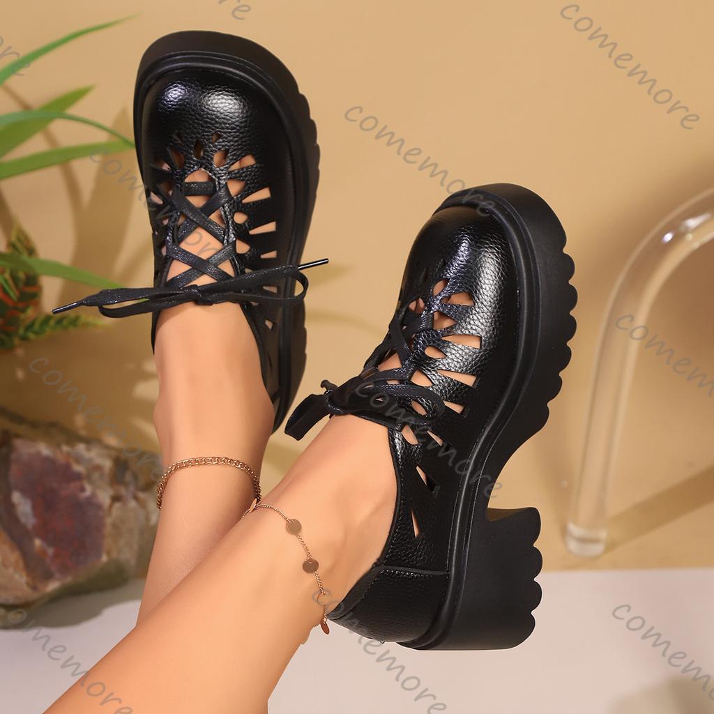 Fashion Comemore Women Pumps Summer New Breathable Soft Leather Hollow Out Single Shoes Female Casual High Heel Lace Up Shoes for Women