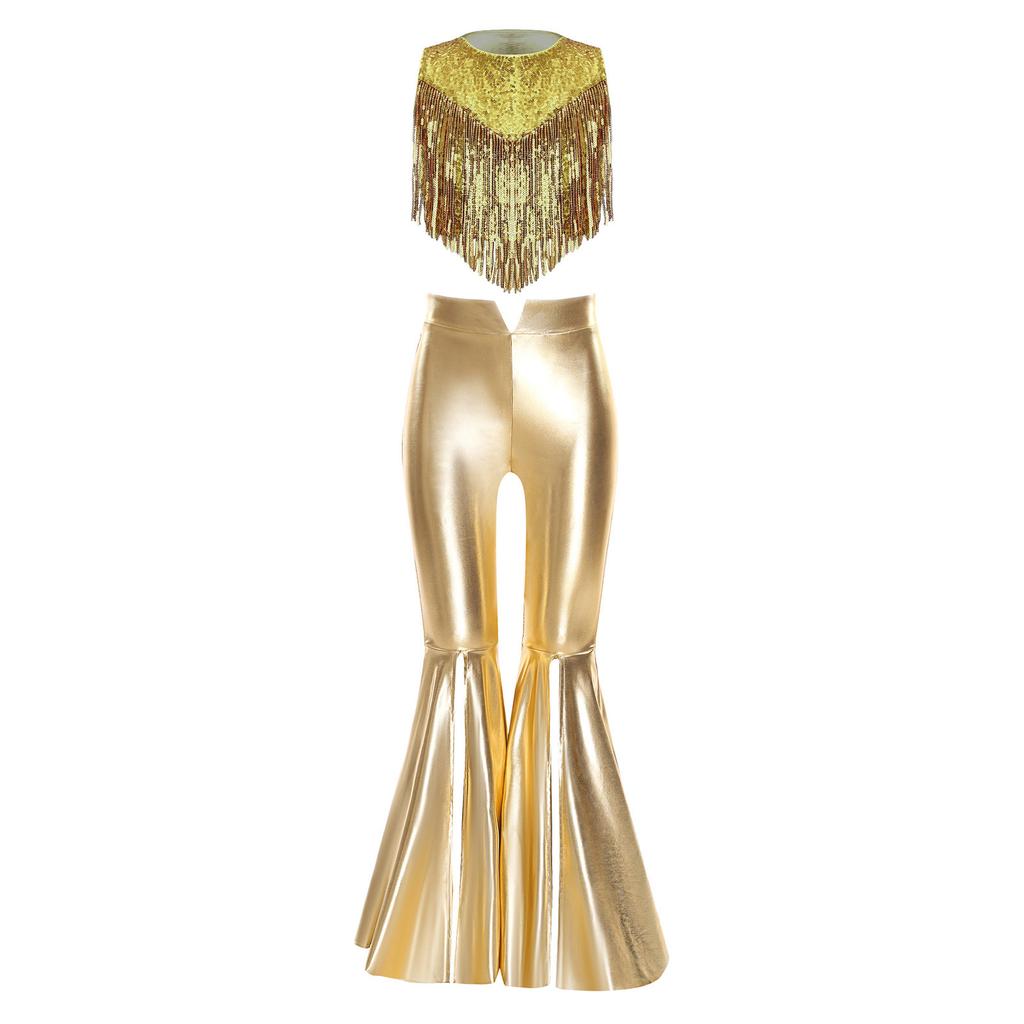 Girls 70s Disco Costume 2 Piece Set Metallic Gloss Sequins Sleeveless Top Split Bell Bottom Pants