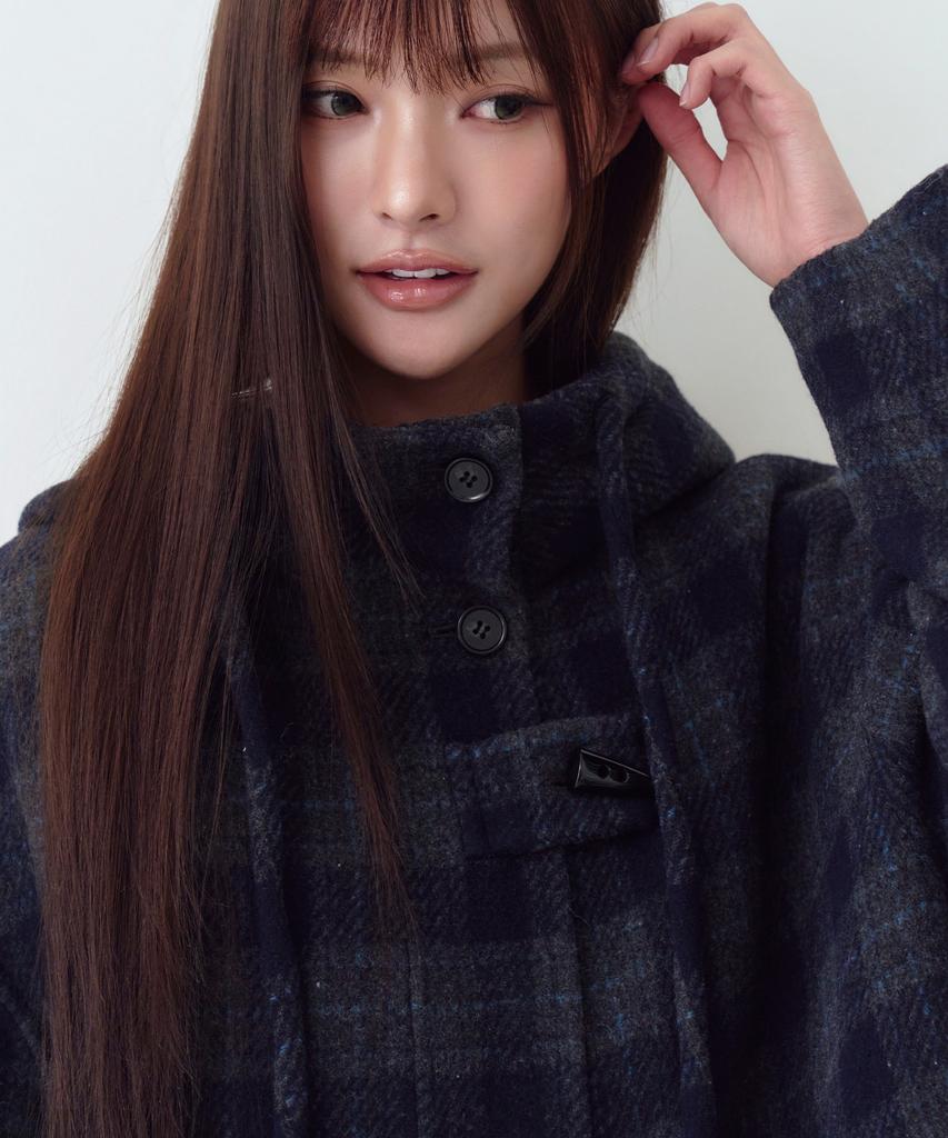 THE GREEN LAB Check Hooded Duffle Long Coat [Navy Check]