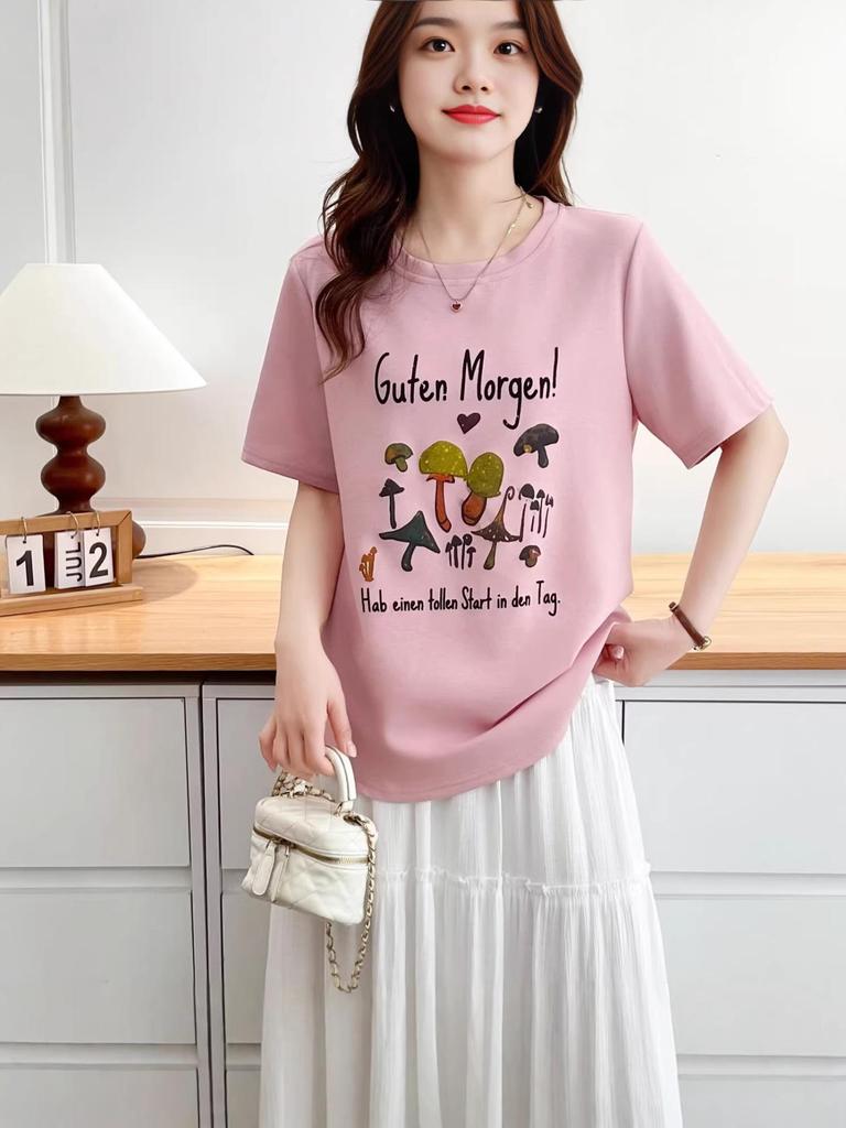 2026 New Summer Cartoon Mushroom Print Women's Round Neck Plus Size Casual Half Sleeve T-shirt