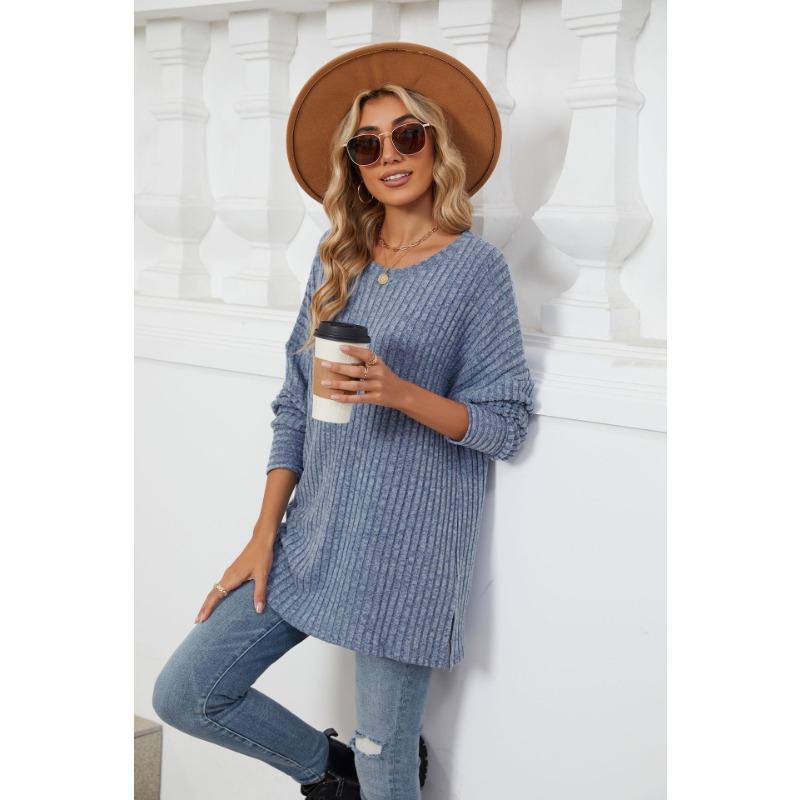 Herbst und Winter Damen Bluse Langarm Loose Rundhals Pit-Stripe Milled Tops