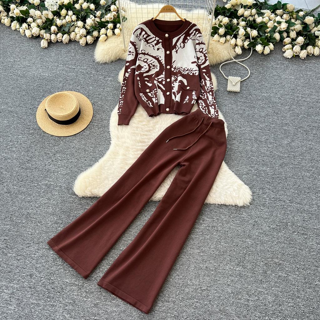 Autumn Winter Women Casual Print Knitted Sweater Trouser Two Piece Set Single Breasted Jacket Tops and Drawstring Pant Tracksuit