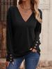 Einfarbiges, lockeres Langarm-T-Shirt mit V-Ausschnitt und Button-Down-Oberteil
