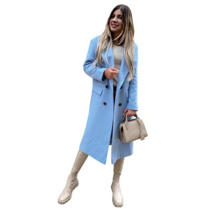 Winter Long Sleeve Women Overcoat Solid Color Lapel Button Design Mid Length Coat with Pockets Outerwear