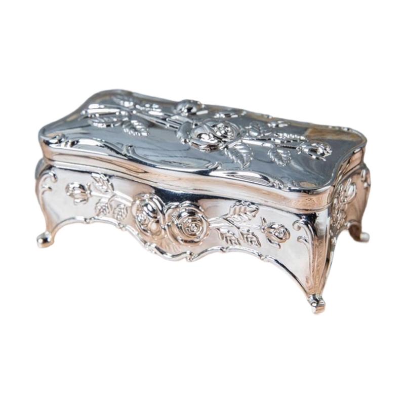 Elegant European Rose Engraved Metal Jewelry Box For Rings Necklaces Earrings With Soft Lining