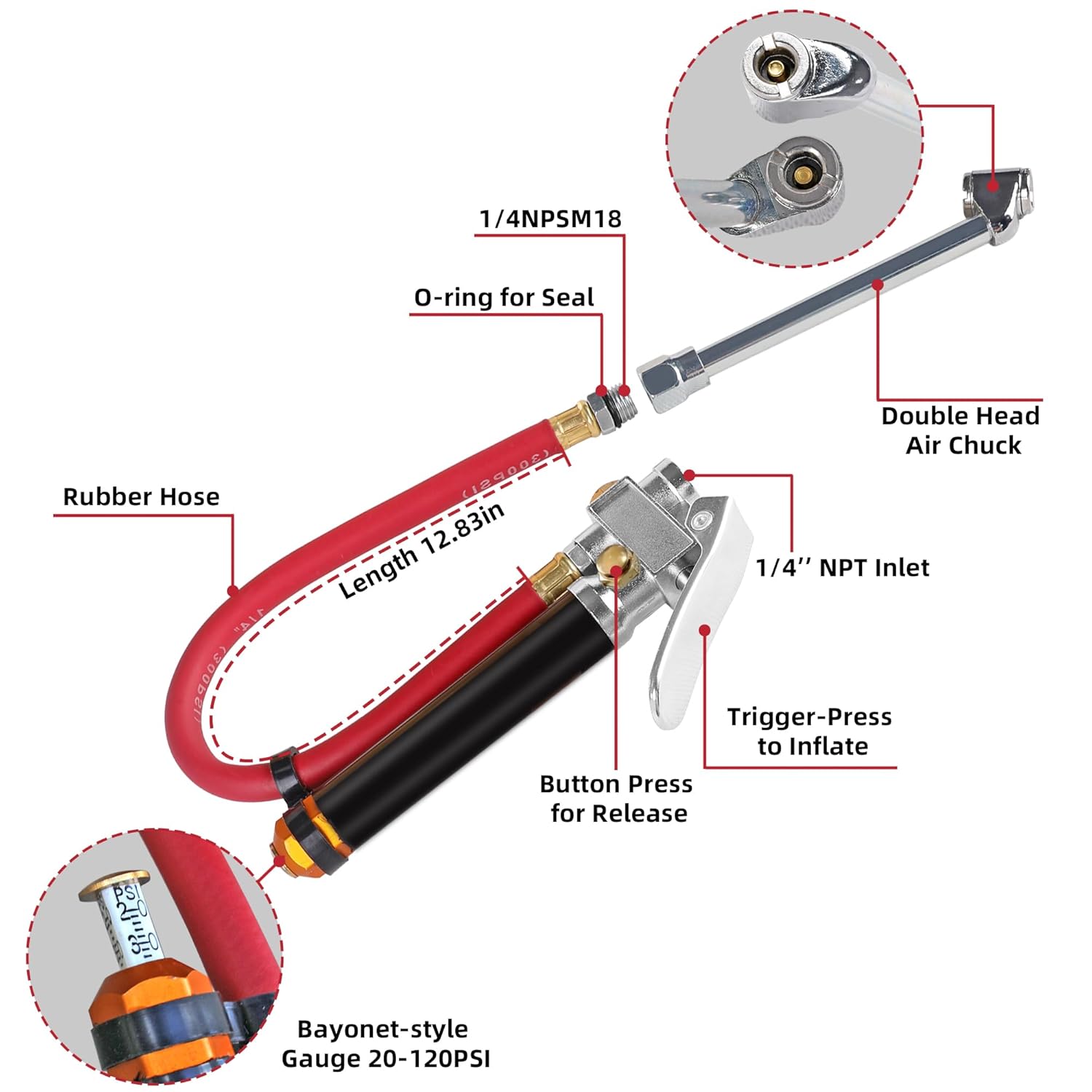 

WYNNsky Bayonet-Style Tire Inflator with Pressure Gauge, 20-120 PSI, 1/4’’ NPT Inlet