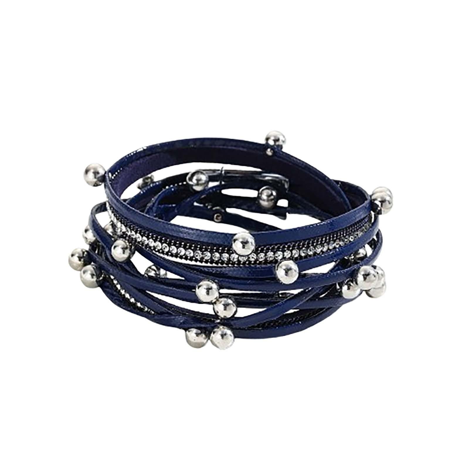 

Двухкруговой кожаный браслет с бусинами, многослойный кожаный браслет, модный женский браслет с магнитной застежкой и бриллиантами, ювелирные изделия One Size синий