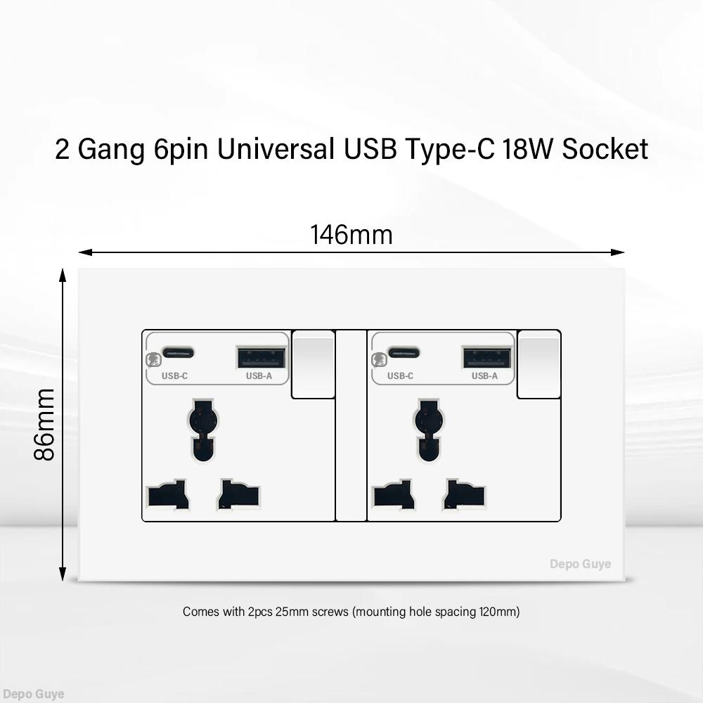 UK 13A Wall Socket with USB Type C 18W Quick Charge Power Outlet,Universal Electrical  Wall Light Switch Dual 3-pin Socket 220V