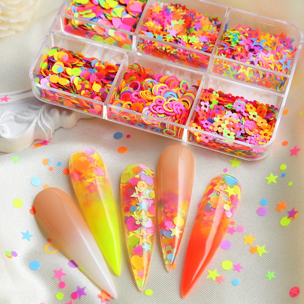 6 Grids Mixed Fluorescent Nail Sequins, Colourful Flower Star Shape Sparkling Flake Decoration Accessories, for Summer Nail Parts