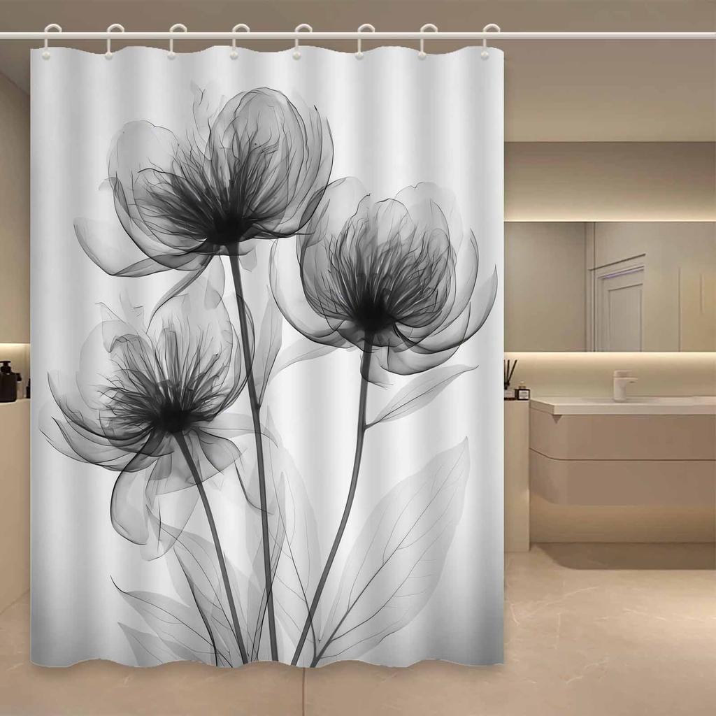 1Pc Elegant Floral Print Shower Curtain, High-End Sheer Floral Pattern, Washable Polyester Bathroom Decor With Hooks
