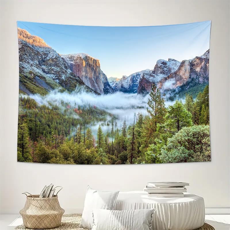Snowy Mountain Valley Fog Forest Landscape Wall Tapestry Machine Washable All Season Decor Art Print Nature Scenery Design Home