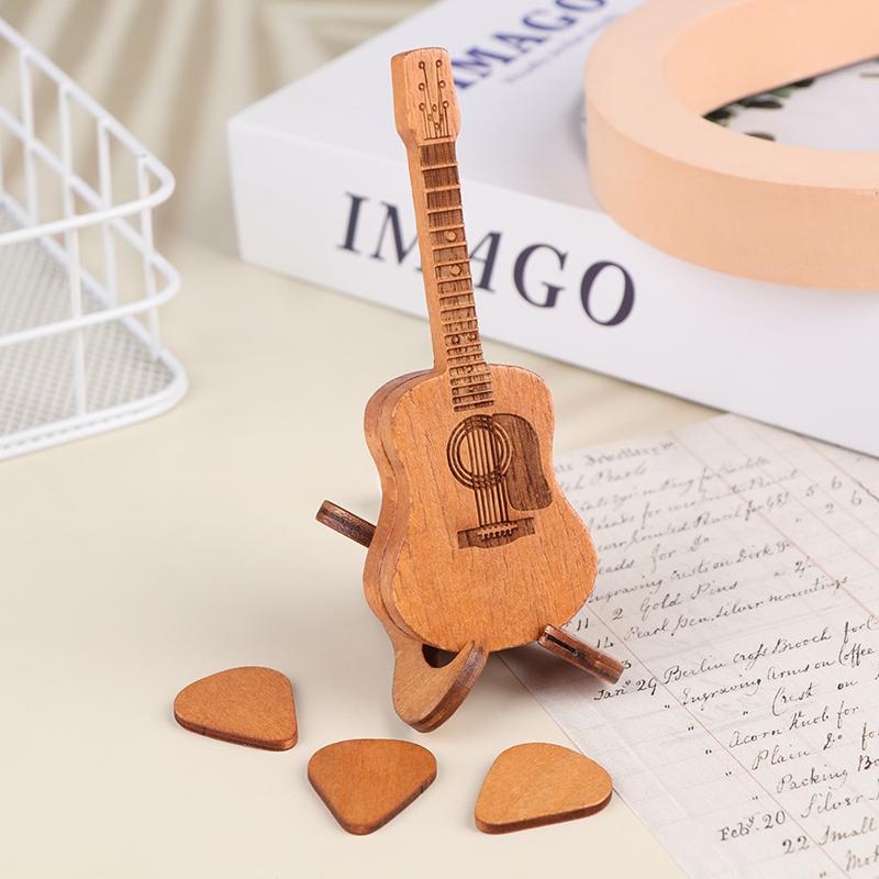 Wooden Guitar Pick Box With Standard 3 Pcs Engraved Guitar Picks Box Guitar Plectrum Storage Box For Guitar Lovers Guitarists