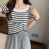 Women's French-Style Black & White Striped U-Neck Square-Shoulder Short-Sleeve Summer T-Shirt
