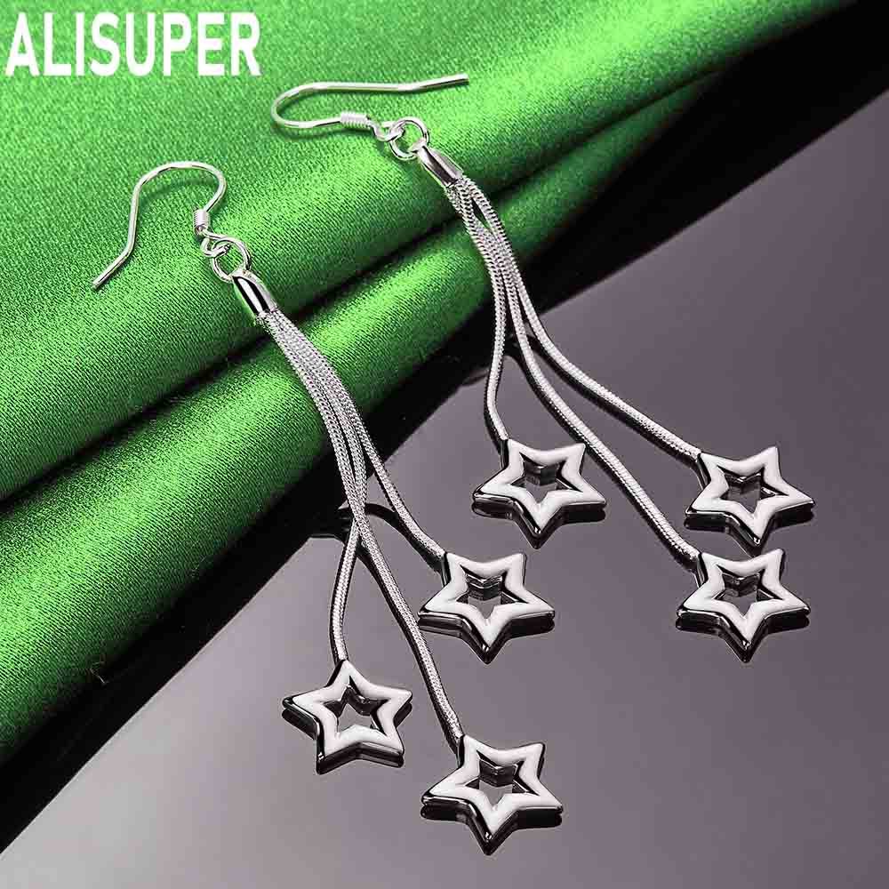 925 Sterling Silver Three Snake Chain Star Shaped Perforated Earrings Fashion Charm Wedding Jewelry