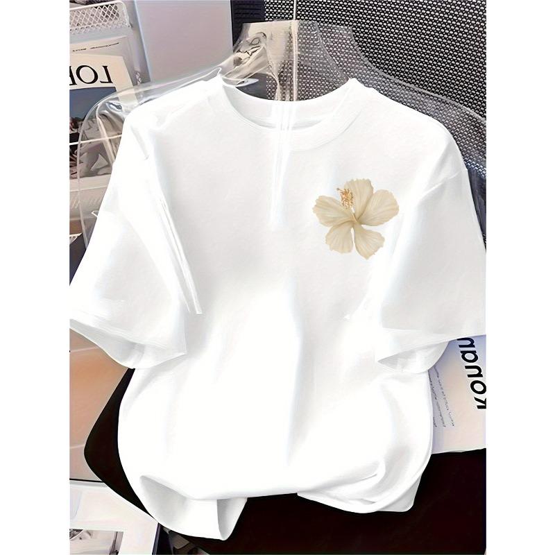 European Sizes Floral Print T-Shirt - Minimalist Flowy Fabric Top, Machine Washable Everyday & Formal Blouse for Year-Round Wardrobe Staple