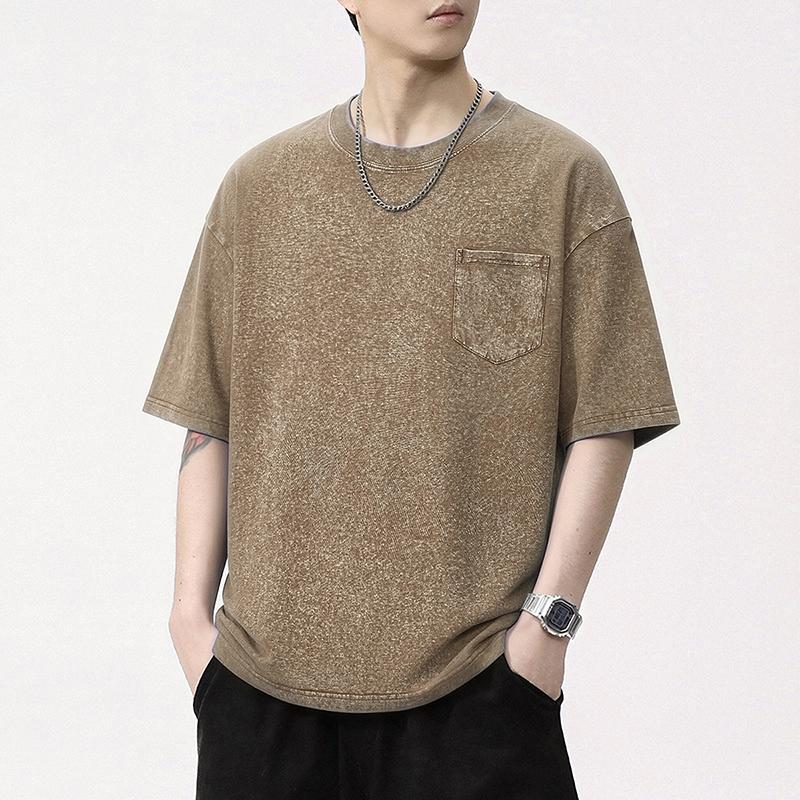 Men's Vintage Washed Cotton T Shirt Crew Neck Short Sleeve Chest Pocket Casual Loose Fit Streetwear Summer Tops