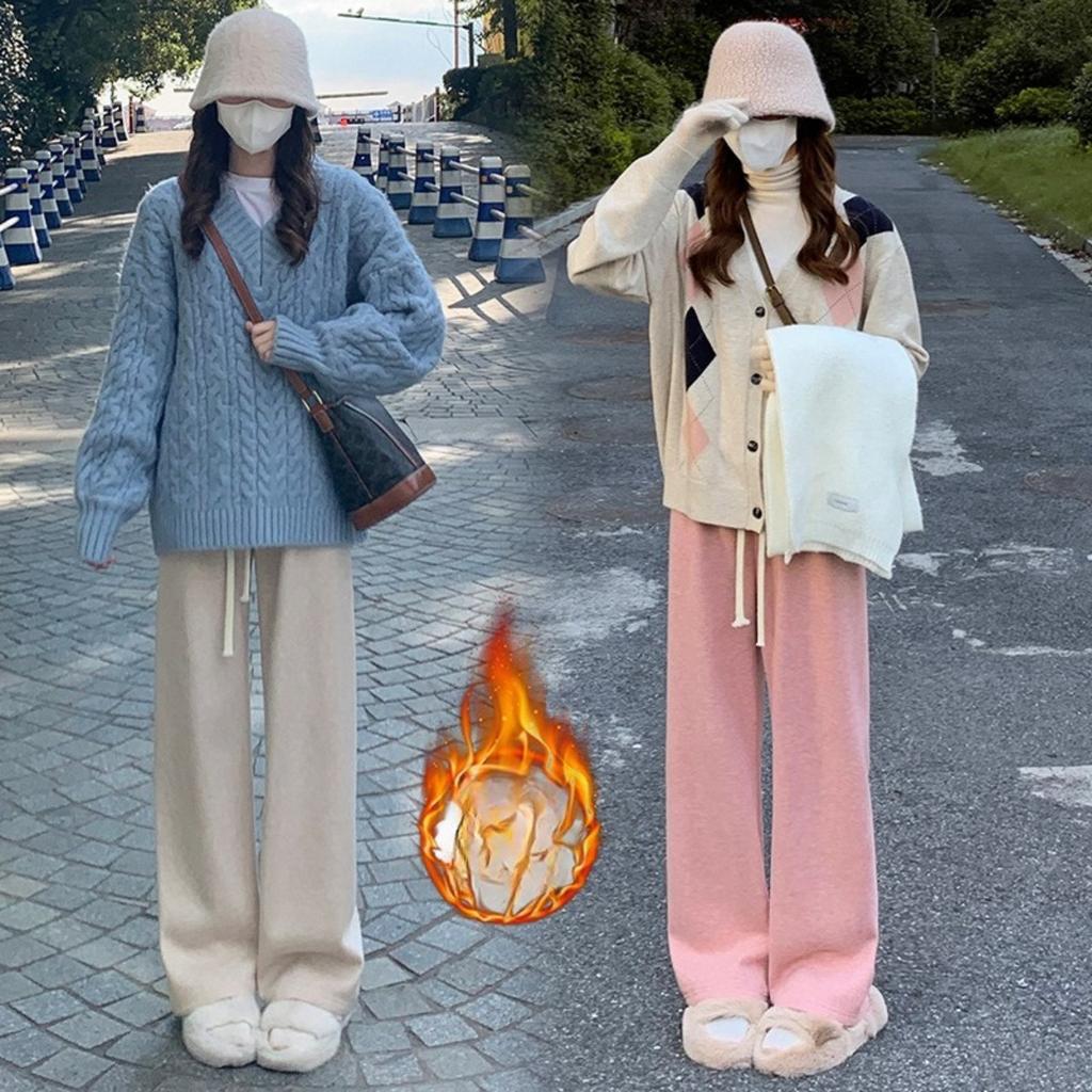 Plush, Knitted Pants, Women's Pants, Plush, Thickened, High Waisted Pants, Loose, Casual Pants, Straight Leg Pants, Wide Leg Pants