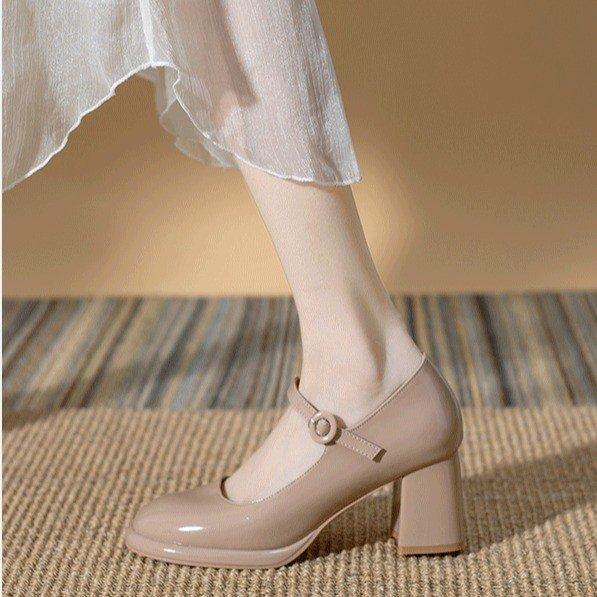 Fashion French Mary Jane Women's Shoes 2025 Nude High Heels Thick Heels Waterproof Platform Round Buckle One-strap Single Shoes