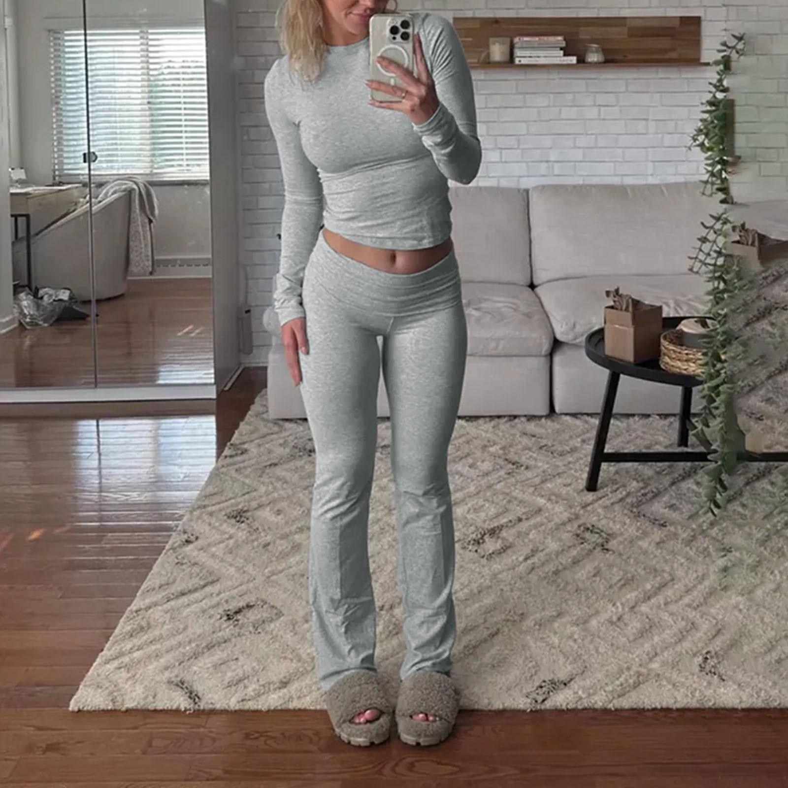 

Женская мода, однотонный топ с круглым вырезом и длинными рукавами, широкие брюки, комплект XL серый