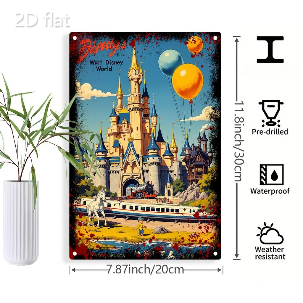 2D Flat, 1pc, 2D Flat - Disney World Magic Castle and Balloons Mural - 8x12 Inch Tin Sign, Vintage Decorative Painting for Indoo
