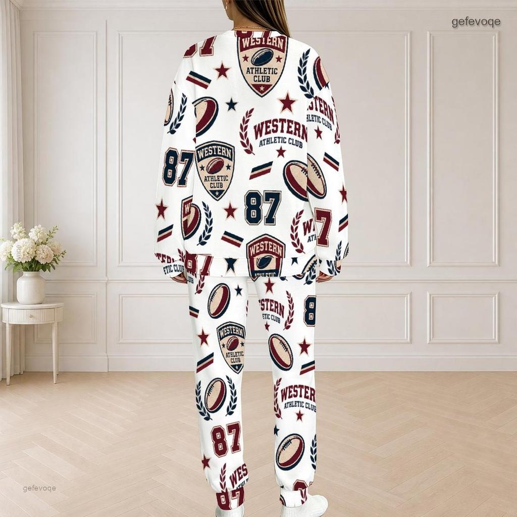 Women Plus Size Sailboat Printed Pocket Round Neck Long Sleeve Top And Long Pants Two Piece Set