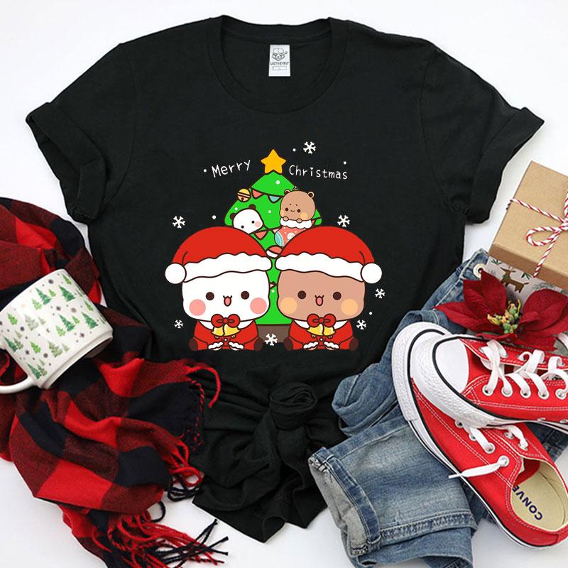 Merry Christmas Cute Funny Bubu Dudu Cartoon Emoticon Graphics Tshirt Ulzzang Men Woman Cotton Tees Trendy Holiday Party Shirt