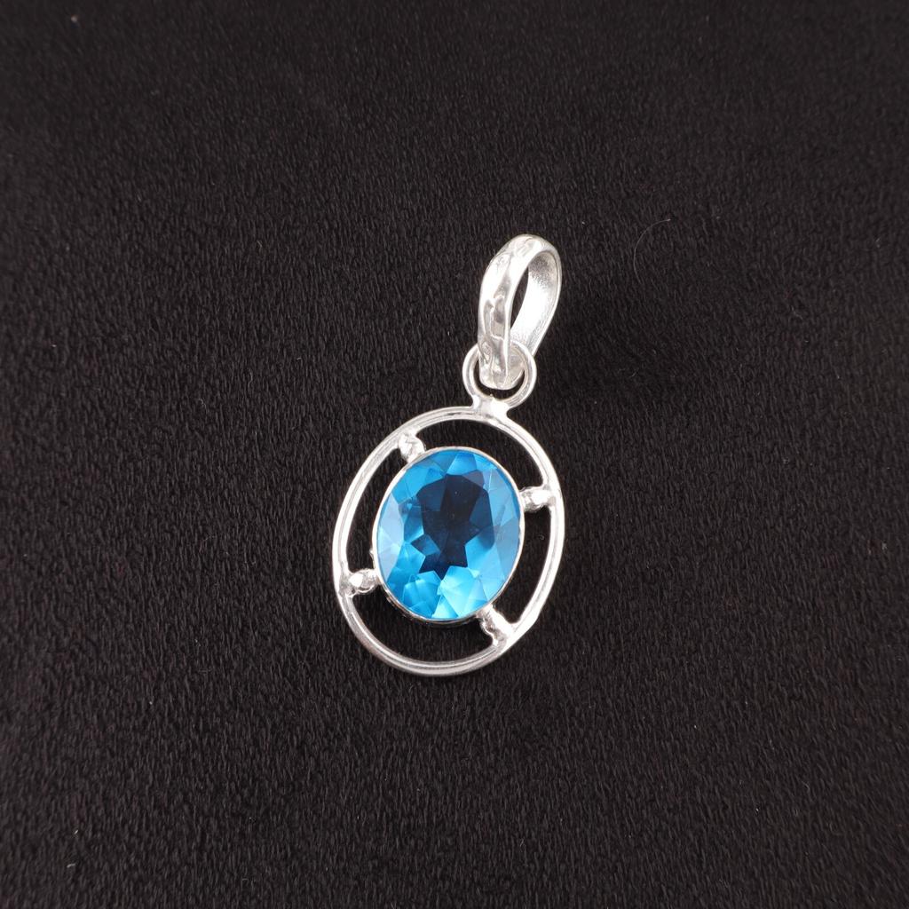 Oval Swiss Blue Topaz Stone Sterling Silver Best Sisters Gift Birthday Pendant PP-6-1