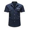 Casual Work Shirt Mens Solid Color Turn Down Collar Double Pocket Short Sleeve Casual Work Shirt