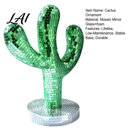 Creative Shiny Cactus Figurine Disco Ball Statue Green Mirror Mosaic Decor Retro Decorative Object for Entryway Table Ornament Home Christmas Party