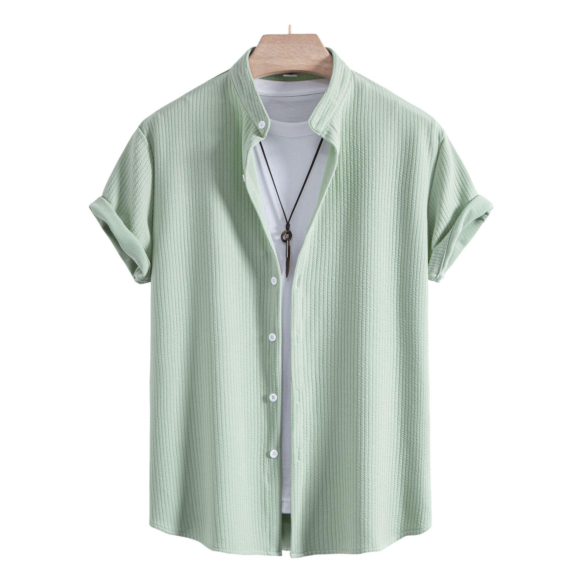 

Мужская однотонная рубашка с коротким рукавом и воротником 2026 - Европейский и американский повседневный стиль S светло-зеленый