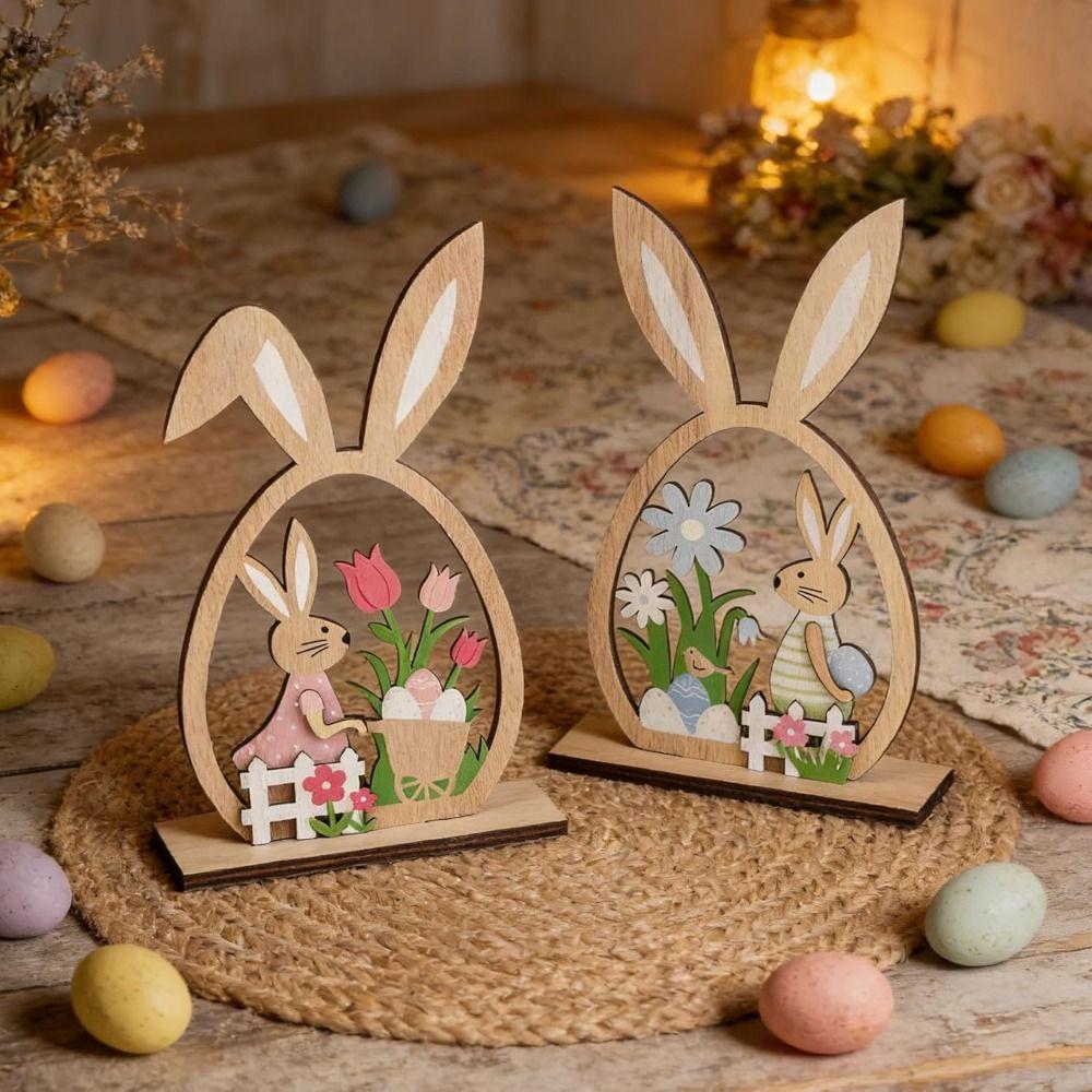2Pcs Farmhouse Rustic Wooden Easter Rabbit Hand-Painted Easter Table Decor  Spring Festival