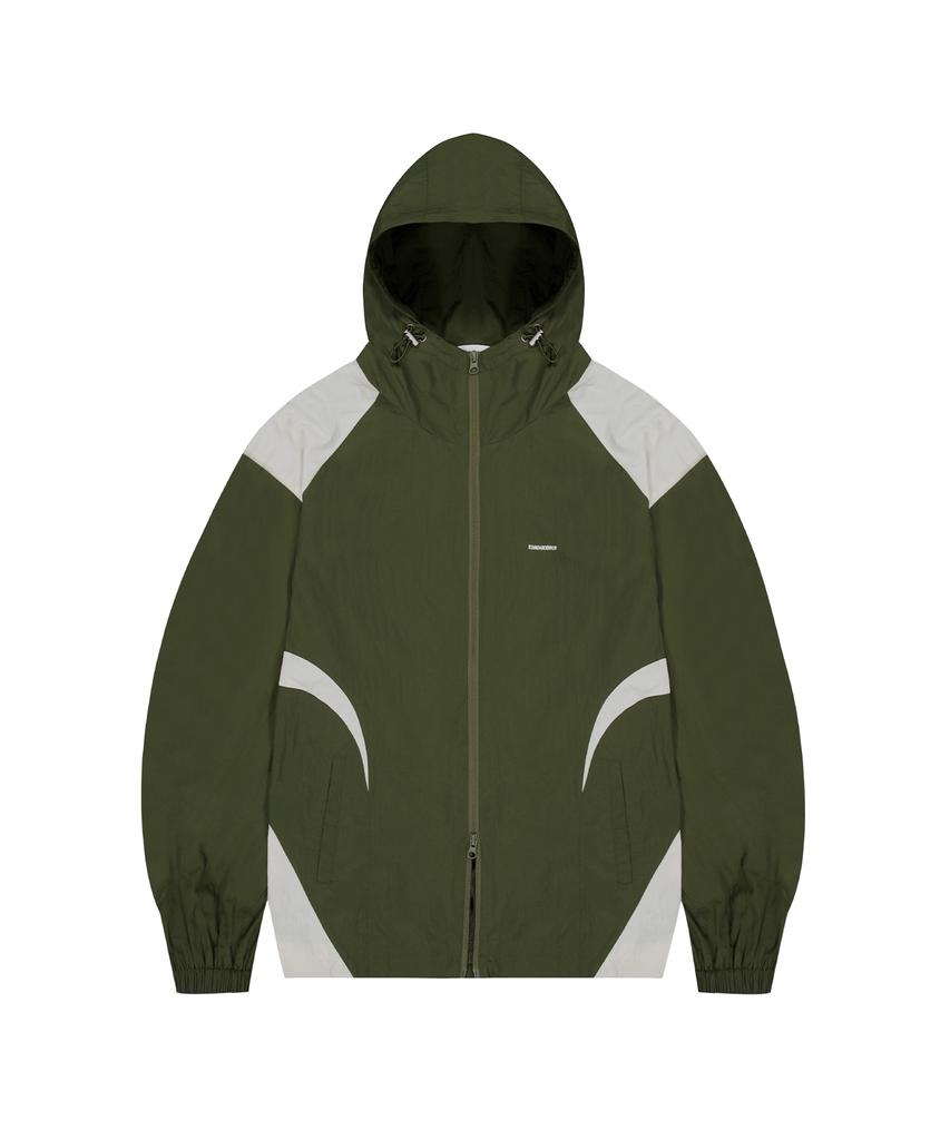 STANDARDERROR 87-Stan267 Nylon Shoulder Track Color Block Curved Hood Windbreaker Khaki
