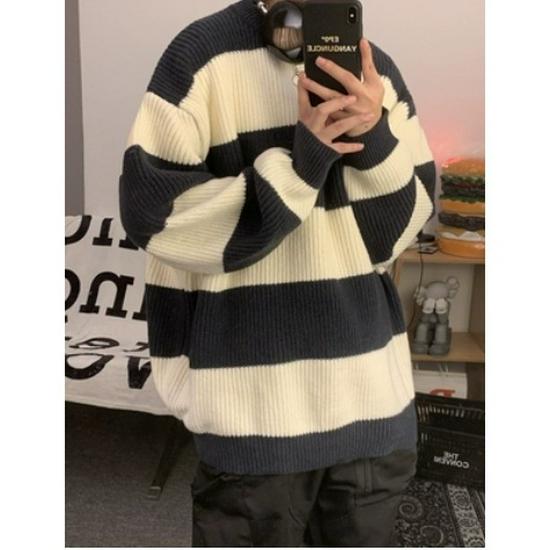 Pull rayé à col rond pour homme - Coupe ample, Tricot tendance Automne/Hiver