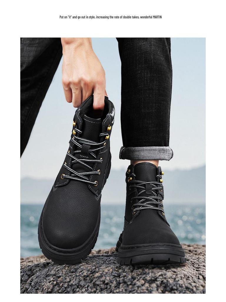 Men's Tough High-Top Yellow Leather Boots, British Style, Non-Slip, 2025 New Autumn/Winter Collection