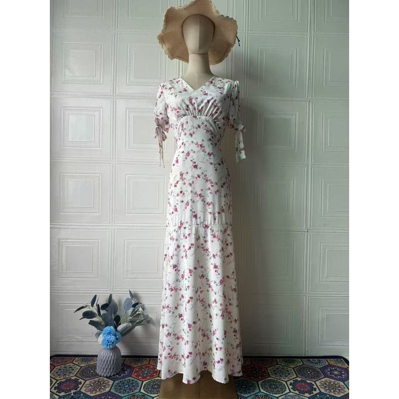 

Fashion Style Fresh Sweet Elegant V-neck Dress Silm Floral Dress Printed V-neck Dress White M