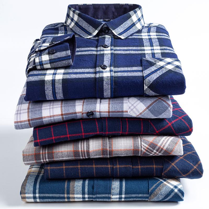 New 100% Cotton Brushed Long Sleeved Shirts for Men Slim Fit Formal Soft Plaid Casual Blouses Business Designer Checked Clothes